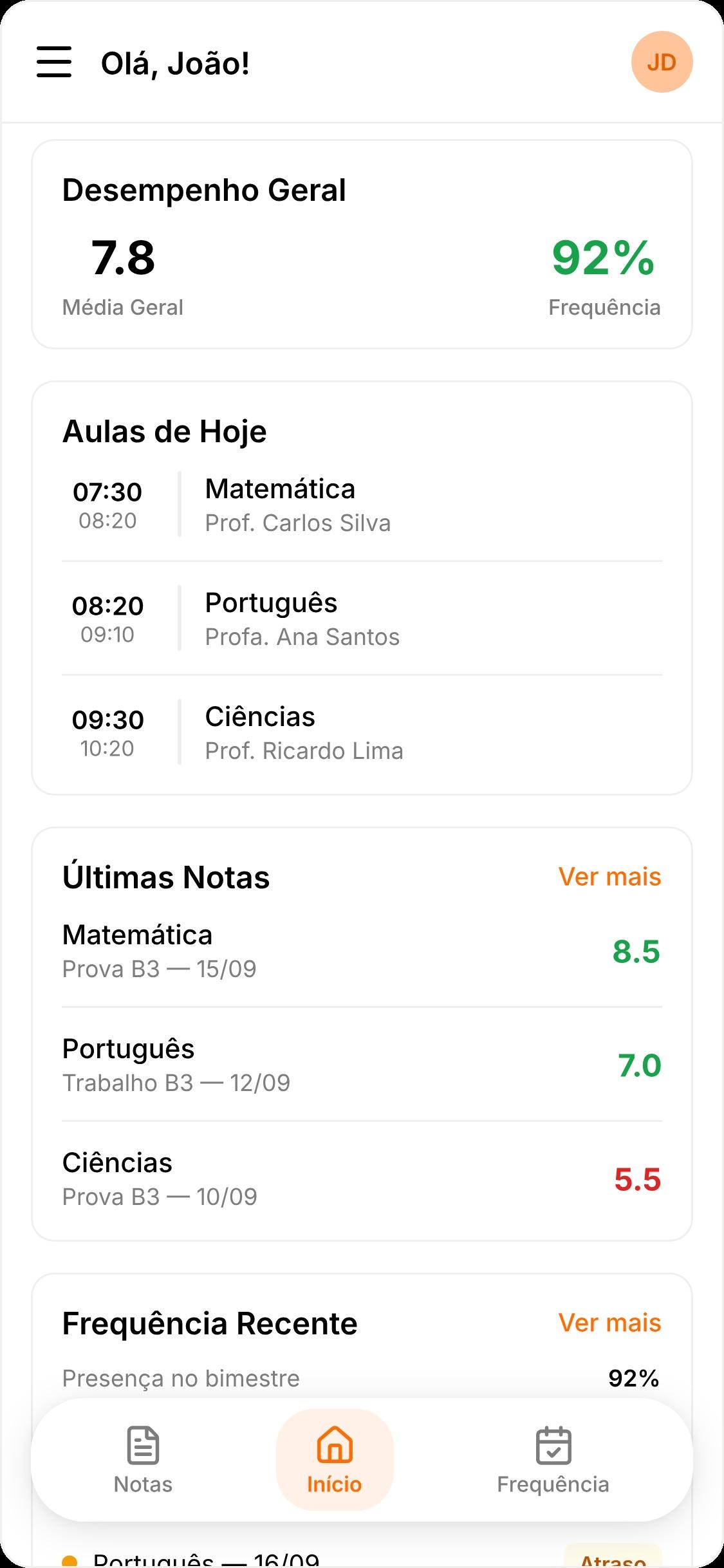 Tela do Aluno — Início