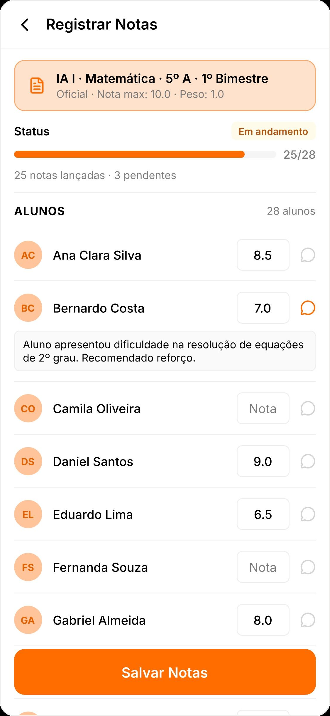 Tela do Professor — Registrar Notas