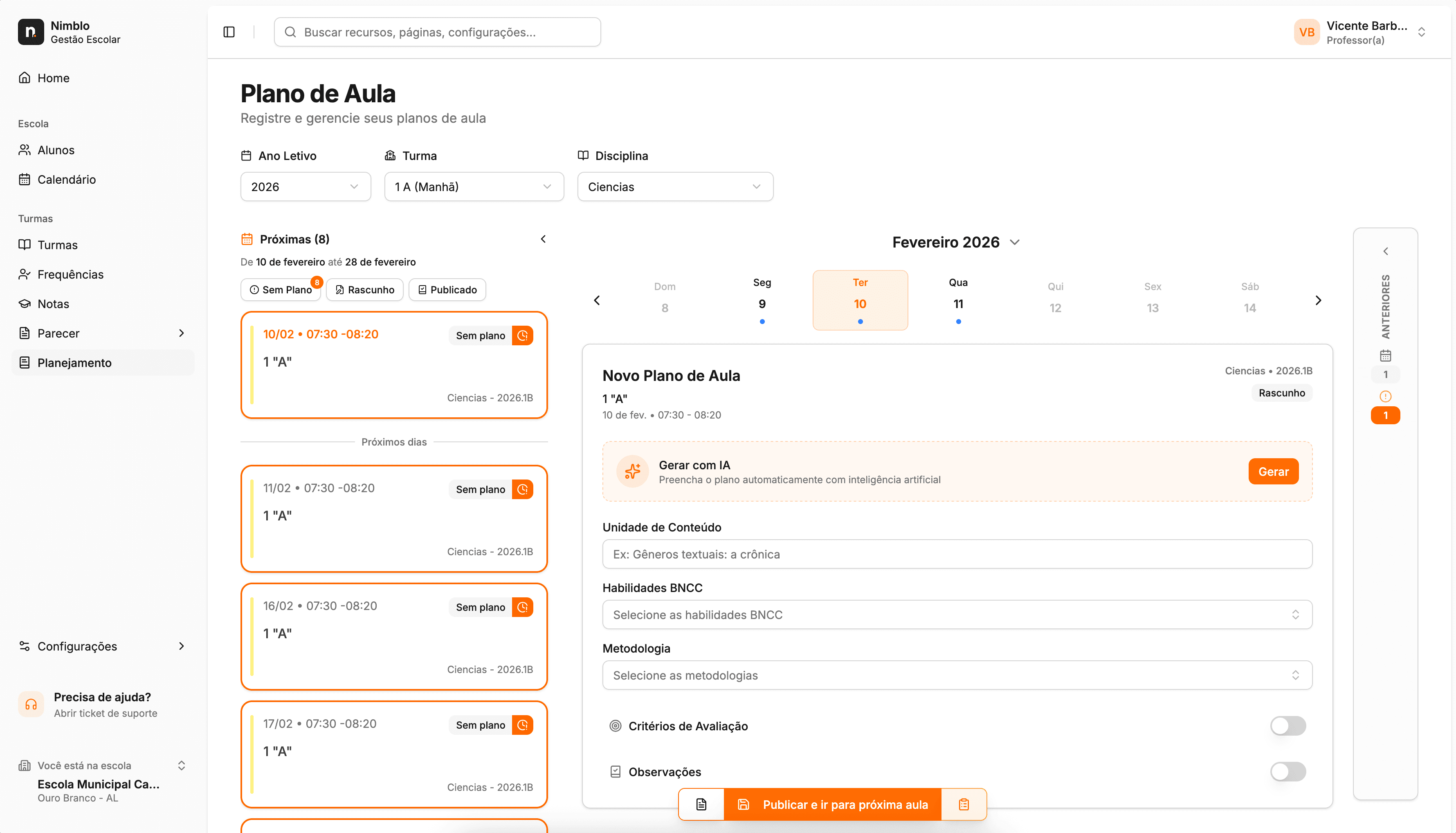 Dashboard Planos de Aula